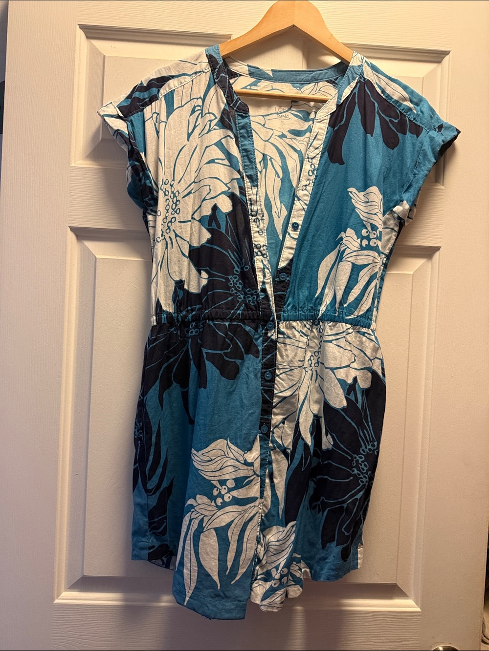 LOFT Teal, Navy and White Floral Button-Front Coverup
